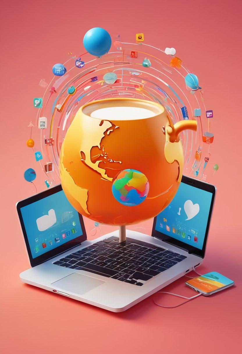 A stylized globe encapsulating various lifestyle icons like a coffee cup, laptop, and smartphone, interconnected by colorful pathways representing the blogosphere. The background features a blend of serene nature and modern tech elements, symbolizing lifestyle and technology harmoniously coexisting. Bright, inviting colors to enhance the engagement for readers. digital illustration. vibrant colors. 3D.