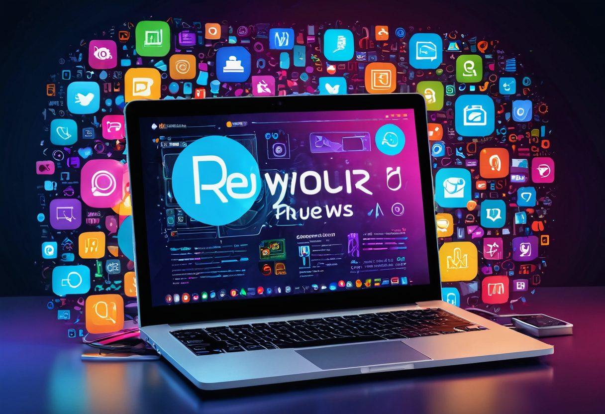 A vibrant digital collage showcasing a laptop with an open blog page displaying popular reviews, surrounded by articles and colorful icons representing various topics like technology, lifestyle, and travel. Include a magnifying glass symbolizing exploration and discovery. The background should feature a blend of dynamic text snippets and graphics to indicate an informative atmosphere. cyberpunk. vibrant colors. 3D.