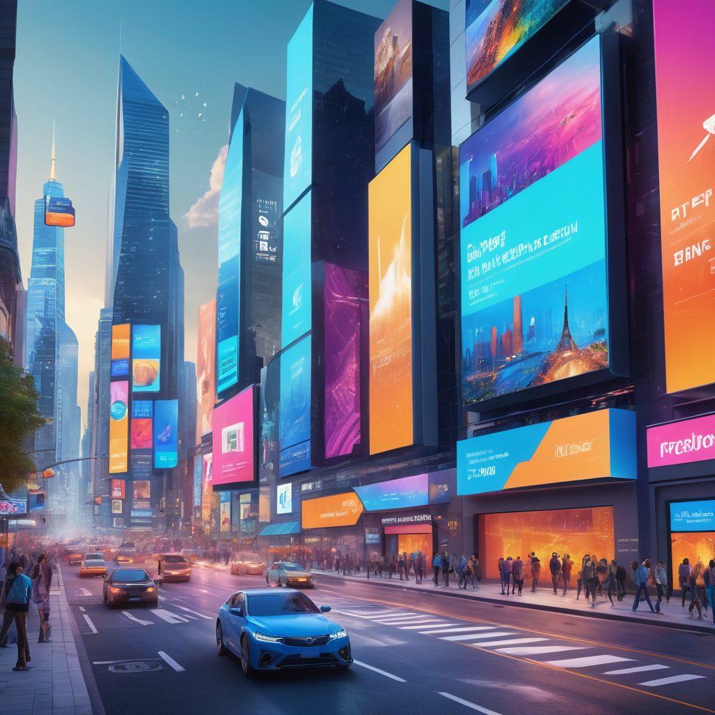 A dynamic city skyline with digital screens displaying current events and trending topics in lifestyle, people on the streets engaging with their devices, vibrant social media icons floating in the air, an energetic atmosphere with bright colors and futuristic elements. super-realistic. vibrant colors. 3D.